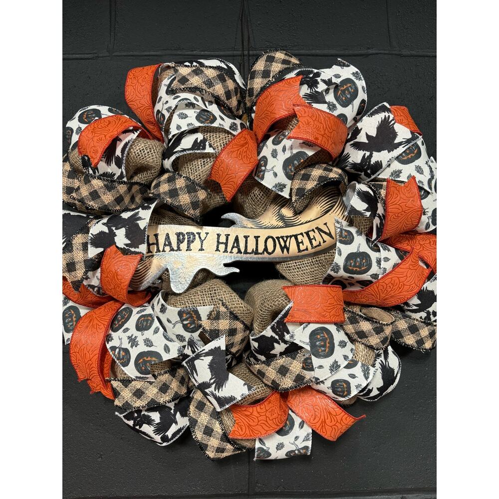 Halloween Wreath For Front Door Rustic Fall Burlap Wreath Handmade 20 Inch - Picture 3 of 5